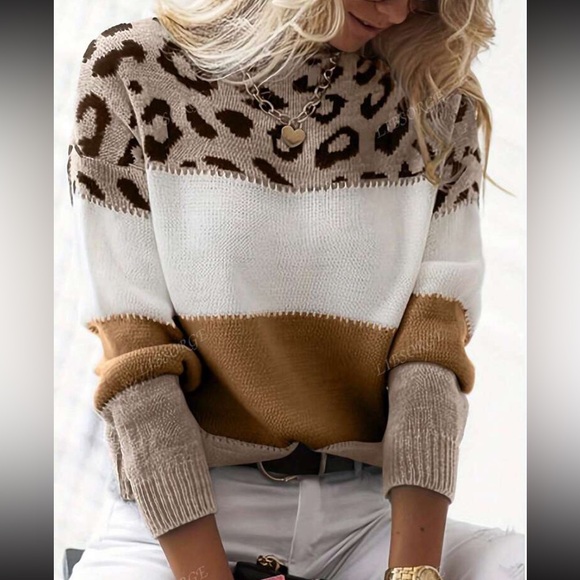 Comfy Leopard color Block Stripe Pattern Long Sleeve Knit Sweater Top - Picture 10 of 10